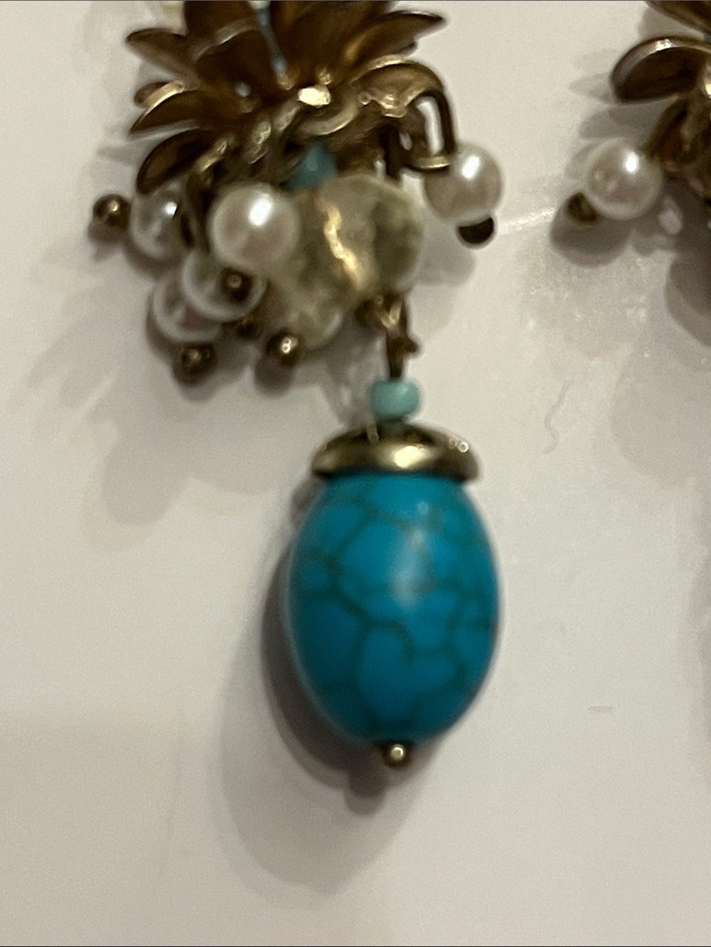 Talbots Turquoise Cluster Drop Earrings with Faux Pearls and Crystal Beads - Picture 2 of 12